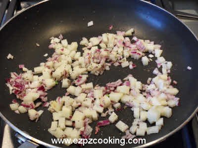 Saute onion potatoes and peas