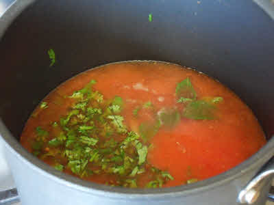 boil tomatoes, kari leaves and cilantro