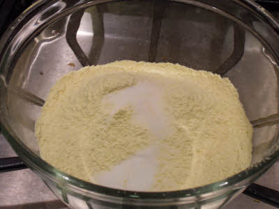 Add besan, suji, salt, sugar and cream of tarter