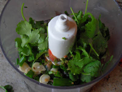 Chop coriander, garlic, green chillies and green onions for salsa