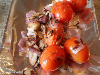 Bake onion, tomato, garlic for roasted tomato chutney