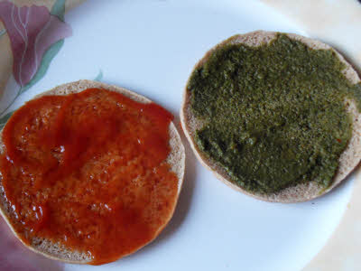 Apply sauces on bread for cottage cheese sandwich