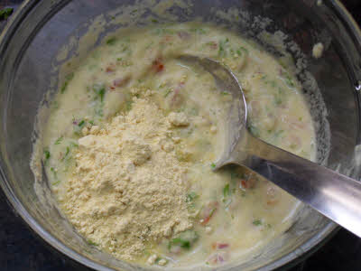 Add besan to the Moong Dal Cheela mixture