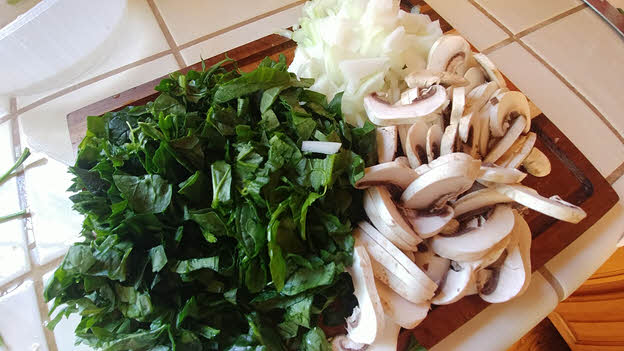 Chop spinach, mushrooms and onions