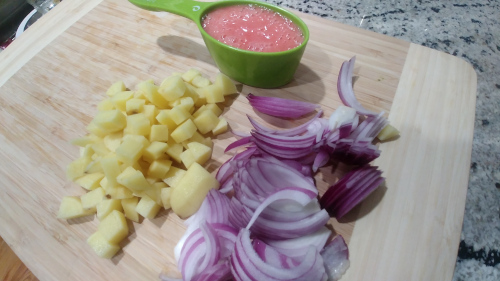 slice onion and cut potatoes