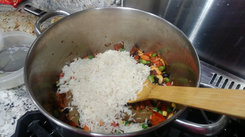 add the rice to the pan